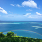 Arc-en-ciel sur le lagon au belvédère des jardins de Vaipahi (Tahiti)